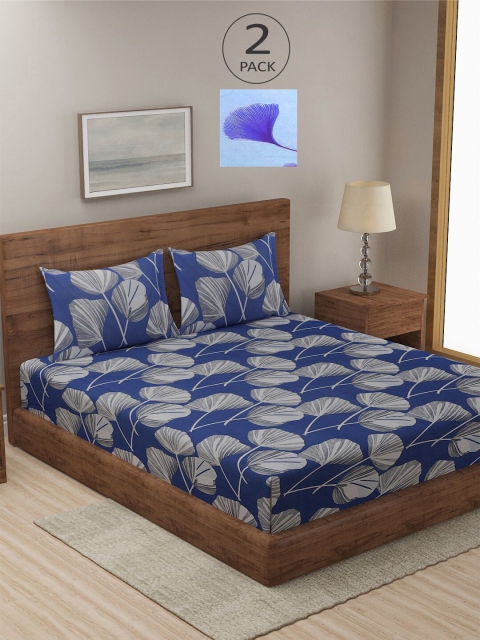 

KLOTTHE Set Of 2 - 210TC Double King Bedsheets With 4 Pillow Covers, Navy blue