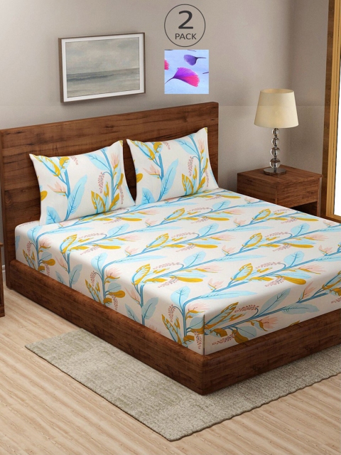 

KLOTTHE White & Blue Floral 210 TC 2 King Bedsheet with 4 Pillow Covers