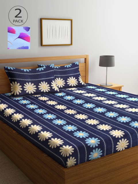 

KLOTTHE Set Of 2 - 210TC Double King Bedsheets With 4 Pillow Covers, Navy blue