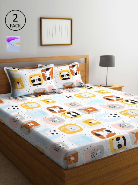 

KLOTTHE White & Lavender Cartoon Characters 210 TC 2 King Bedsheet with 4 Pillow Covers