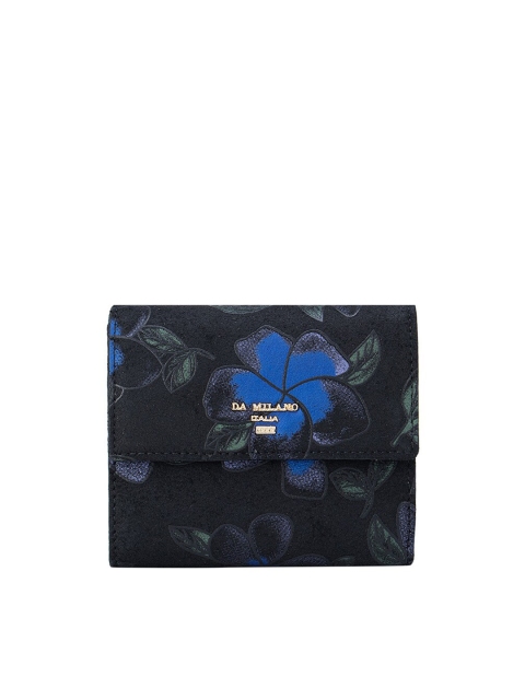 

Da Milano Women Black & Blue Floral Printed Leather Three Fold Wallet