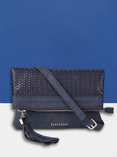 

Van Heusen Navy Blue Geometric Textured Tasselled Sling Bag