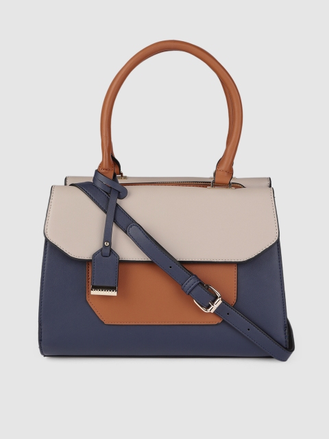 

Van Heusen Navy Blue & Beige Colourblocked PU Structured Handheld Bag