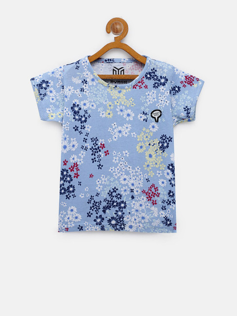 

NYNSH Girls Blue Floral Printed Cotton T-shirt