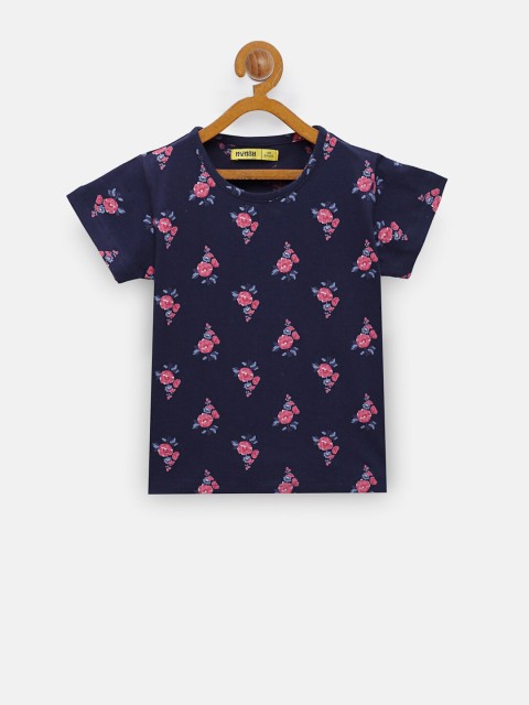 

NYNSH Girls Navy Blue Floral Printed Pure Cotton T-shirt