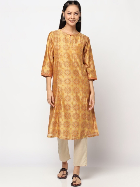

Fabindia Women Yellow Flared Sleeves Thread Work Kurta