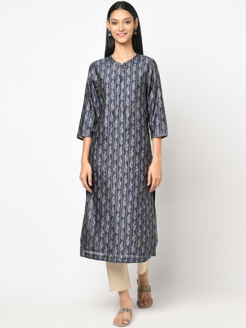 

Fabindia Women Blue Printed Thread Work Kurta