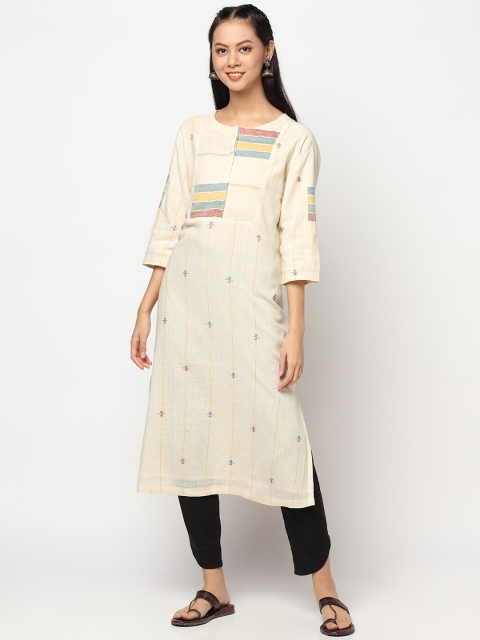 

Fabindia Women Beige Geometric Striped Kurta