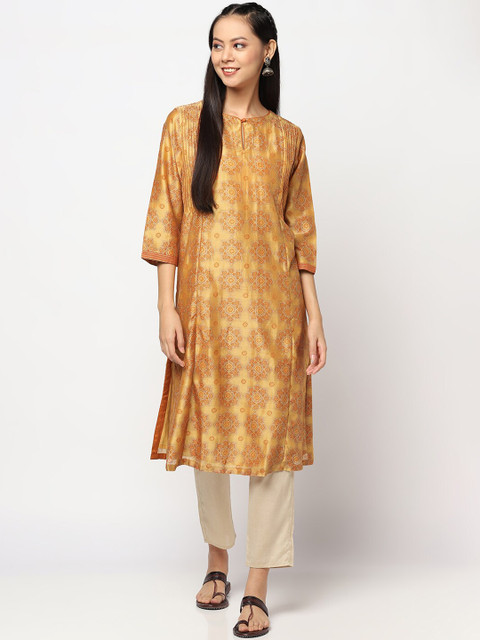 

Fabindia Women Yellow Geometric Printed Thread Work Kurta