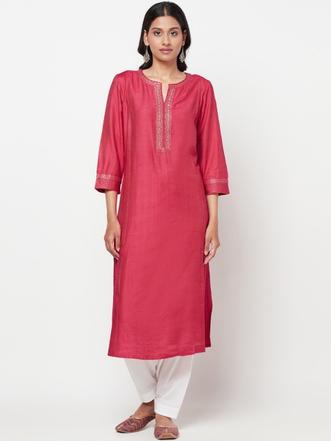 

Fabindia Women Pink Embellished Keyhole Neck Thread Work Kurta