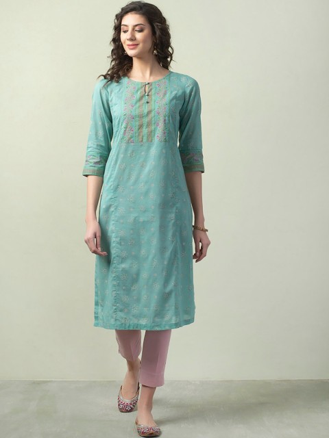 

Fabindia Women Green Keyhole Neck Thread Work Kurta