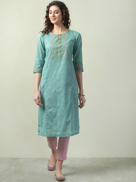 

Fabindia Women Green Keyhole Neck Thread Work Kurta