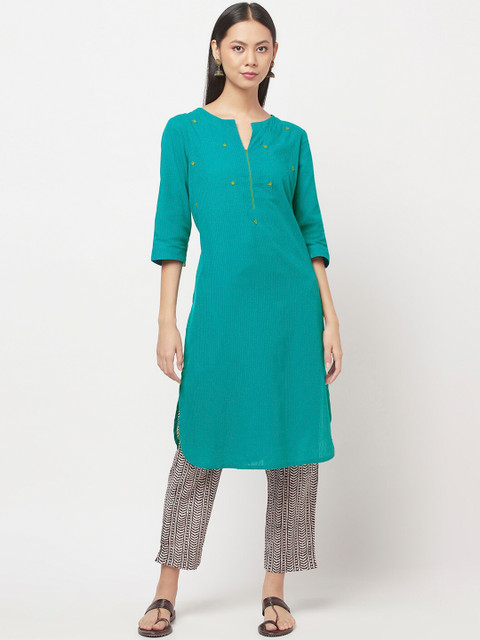 

Fabindia Women Teal Blue & Green Geometric Yoke Design Cotton Kurta