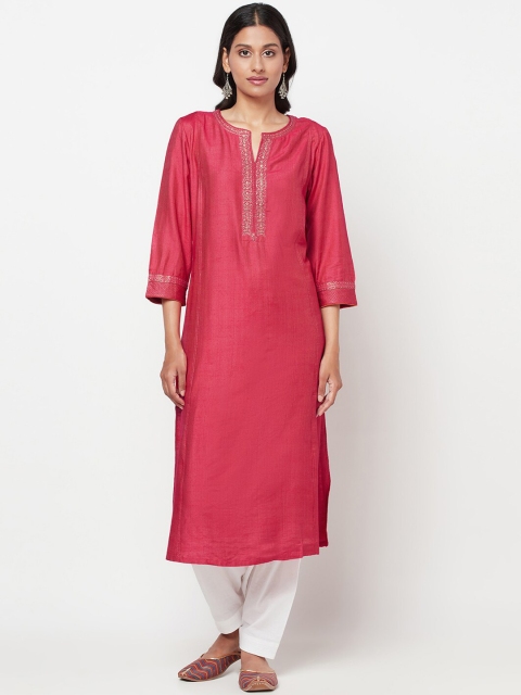 

Fabindia Women Pink Yoke Design Keyhole Neck Thread Work Kurta