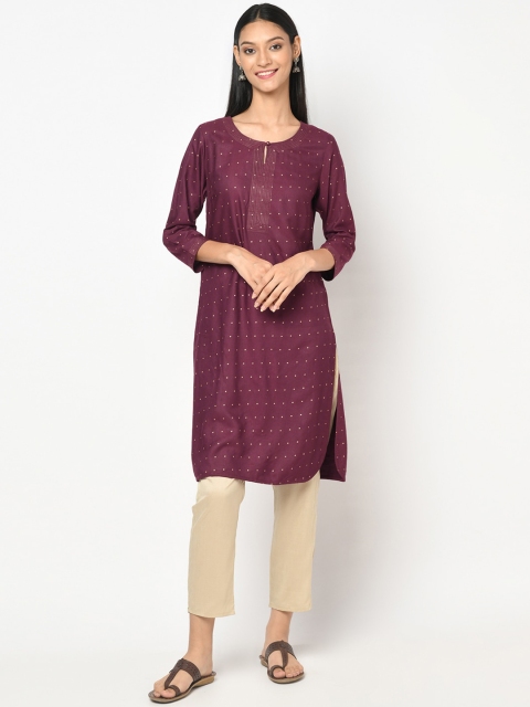 

Fabindia Women Maroon Ethnic Motifs Embellished Keyhole Neck Flared Sleeves Kurta