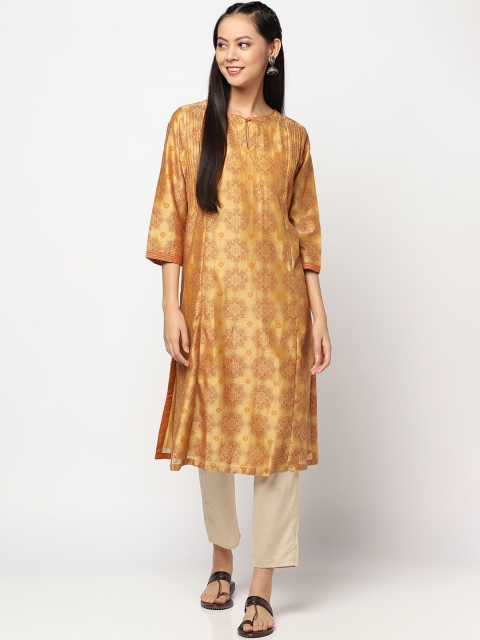 

Fabindia Women Yellow Flared Sleeves Thread Work Kurta