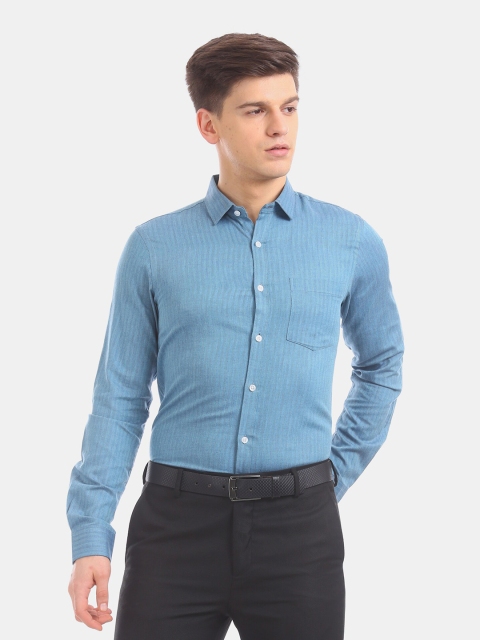 

Excalibur Men Blue Pure Cotton Textured Slim Fit Formal Shirt