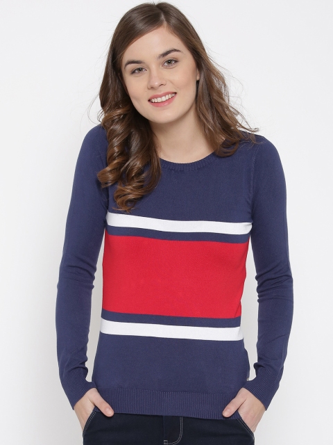 

U.S. Polo Assn. Women Navy Colourblocked Striped Sweater, Navy blue