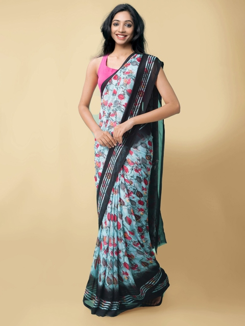 

Unnati Silks Blue & Pink Floral Block Print Saree