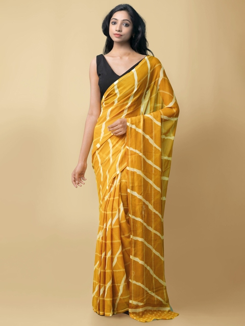 

Unnati Silks Yellow & Cream Block Printed Striped Saree