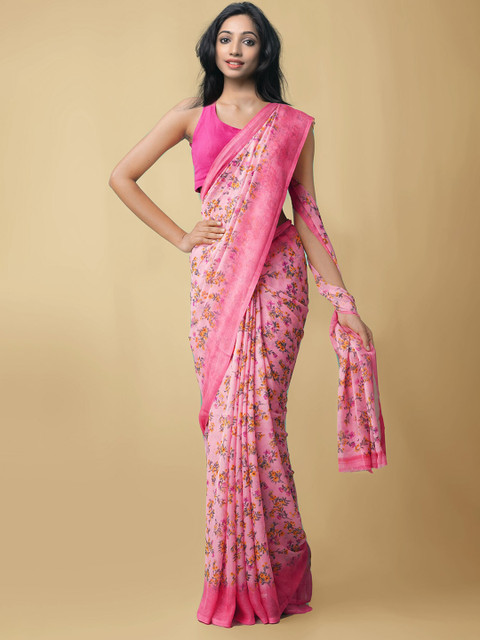 

Unnati Silks Pink & Grey Floral Block Print Saree