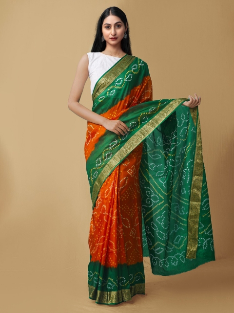 

Unnati Silks Orange & Green Bandhani Zari Pure Silk Bandhani Saree
