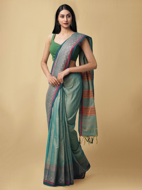 

Unnati Silks Green & Orange Zari Pure Cotton Narayan Peth Saree