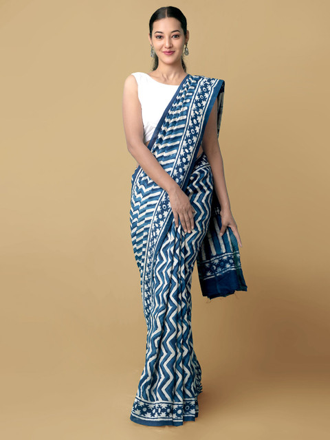 

Unnati Silks Blue & White Dabu Printed Chanderi Silk Cotton Saree