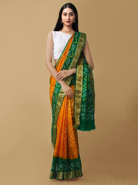 

Unnati Silks Yellow & Green Bandhani Zari Pure Silk Bandhani Saree