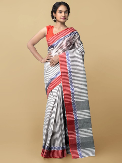 

Unnati Silks Cream-Coloured & Red Striped Handloom Bengal Taant Cotton Saree