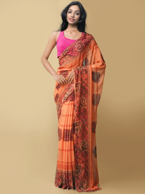 

Unnati Silks Orange & Pink Floral Block Print Saree