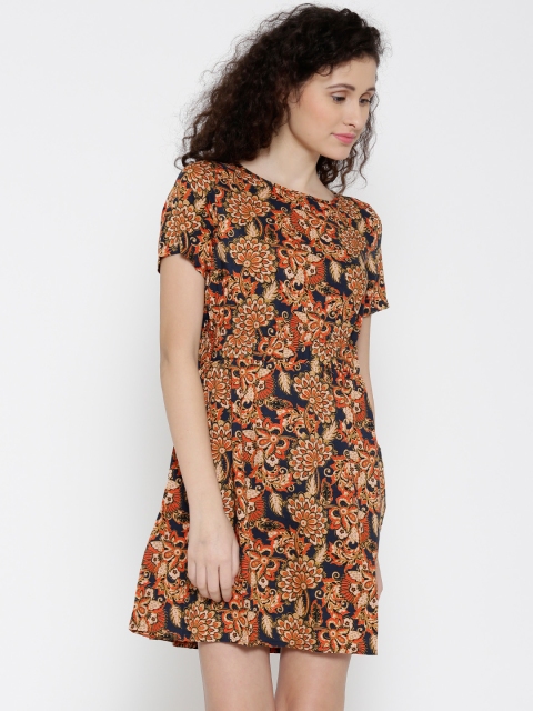 

Vero Moda Women Navy & Orange Printed A-Line Dress, Navy blue