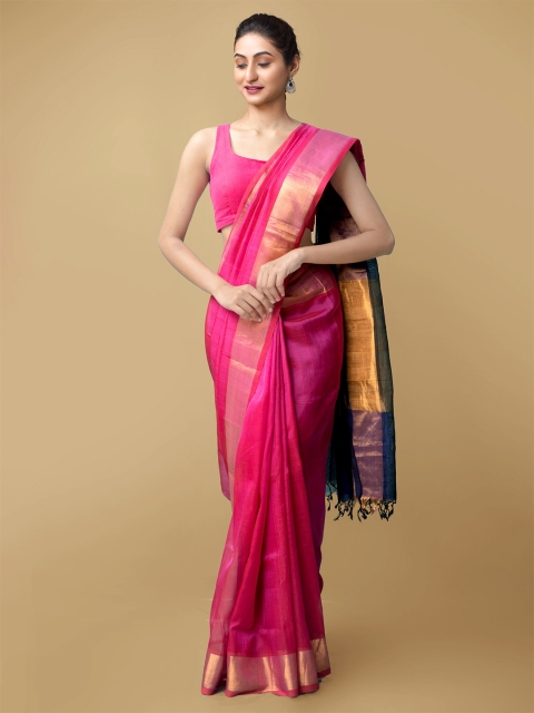 

Unnati Silks Pink & Gold-Toned Zari Silk Cotton Uppada Saree