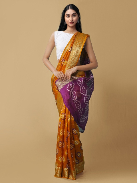 

Unnati Silks Yellow & White Bandhani Zari Silk Cotton Bandhani Saree