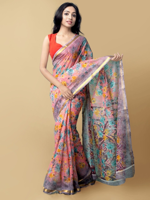 

Unnati Silks Pink & Blue Floral Printed Zari Art Silk Patola Saree