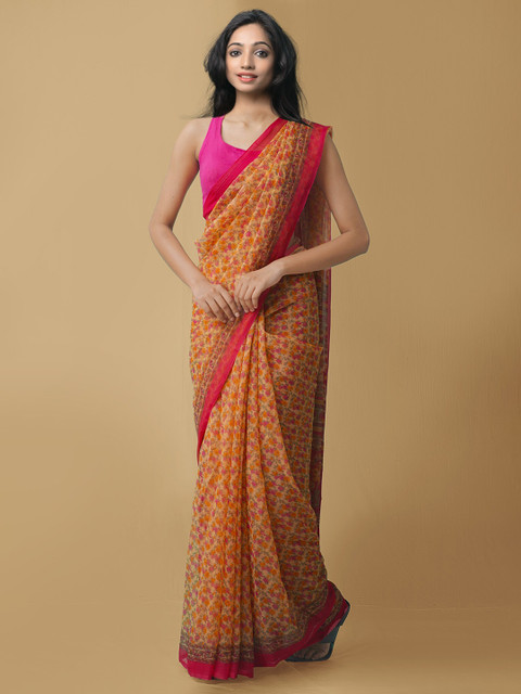 

Unnati Silks Orange & Red Floral Printed Bhagalpuri Saree