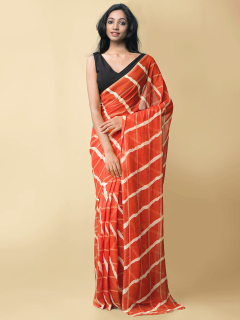 

Unnati Silks Orange & Cream-coloured Leheriya Printed Georgette Saree