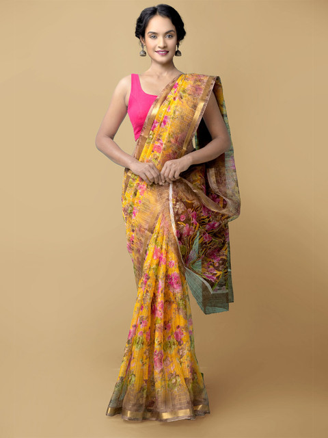 

Unnati Silks Yellow & Pink Floral Patola Art Silk Saree