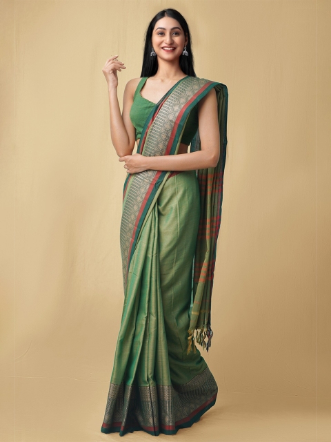 

Unnati Silks Green & Orange Zari Pure Cotton Narayan Peth Saree