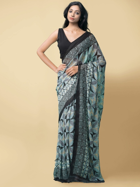 

Unnati Silks Blue & Black Printed Block Print Saree