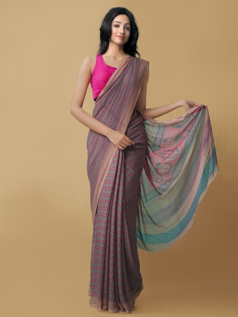

Unnati Silks Pink & Green Floral Bhagalpuri Saree