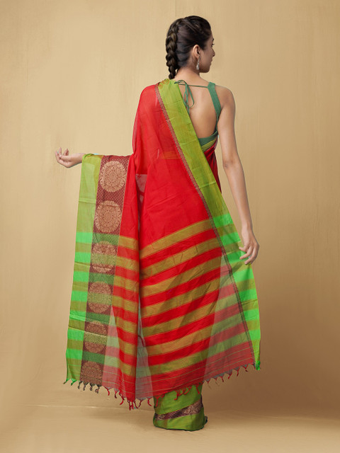 

Unnati Silks Red & Green Zari Pure Cotton Narayan Peth Saree