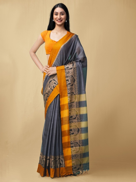 

Unnati Silks Grey & Yellow Ethnic Motifs Pure Cotton Narayan Peth Saree