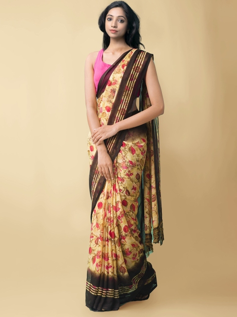 

Unnati Silks Brown & Pink Floral Block Print Saree