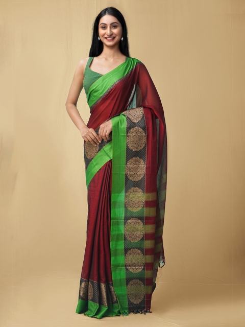 

Unnati Silks Maroon & Green Solid Pure Cotton Narayanpet Saree