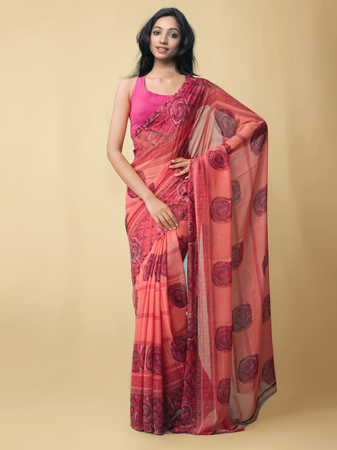 

Unnati Silks Red Floral Block Print Saree