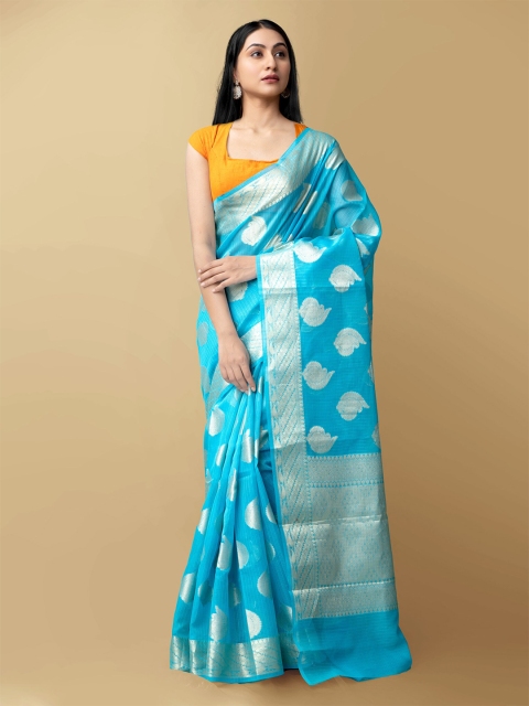 

Unnati Silks Blue & Silver-Toned Woven Design Zari Silk Cotton Kota Saree