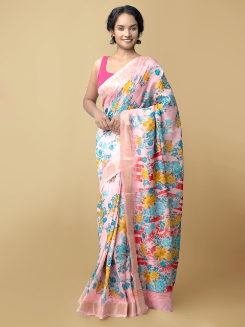 

Unnati Silks Pink & Blue Floral Zari Art Silk Patola Saree