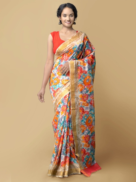 

Unnati Silks Blue & Orange Floral Zari Art Silk Patola Saree