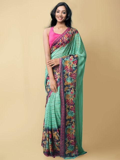 

Unnati Silks Green & Pink Ethnic Motifs Block Print Saree